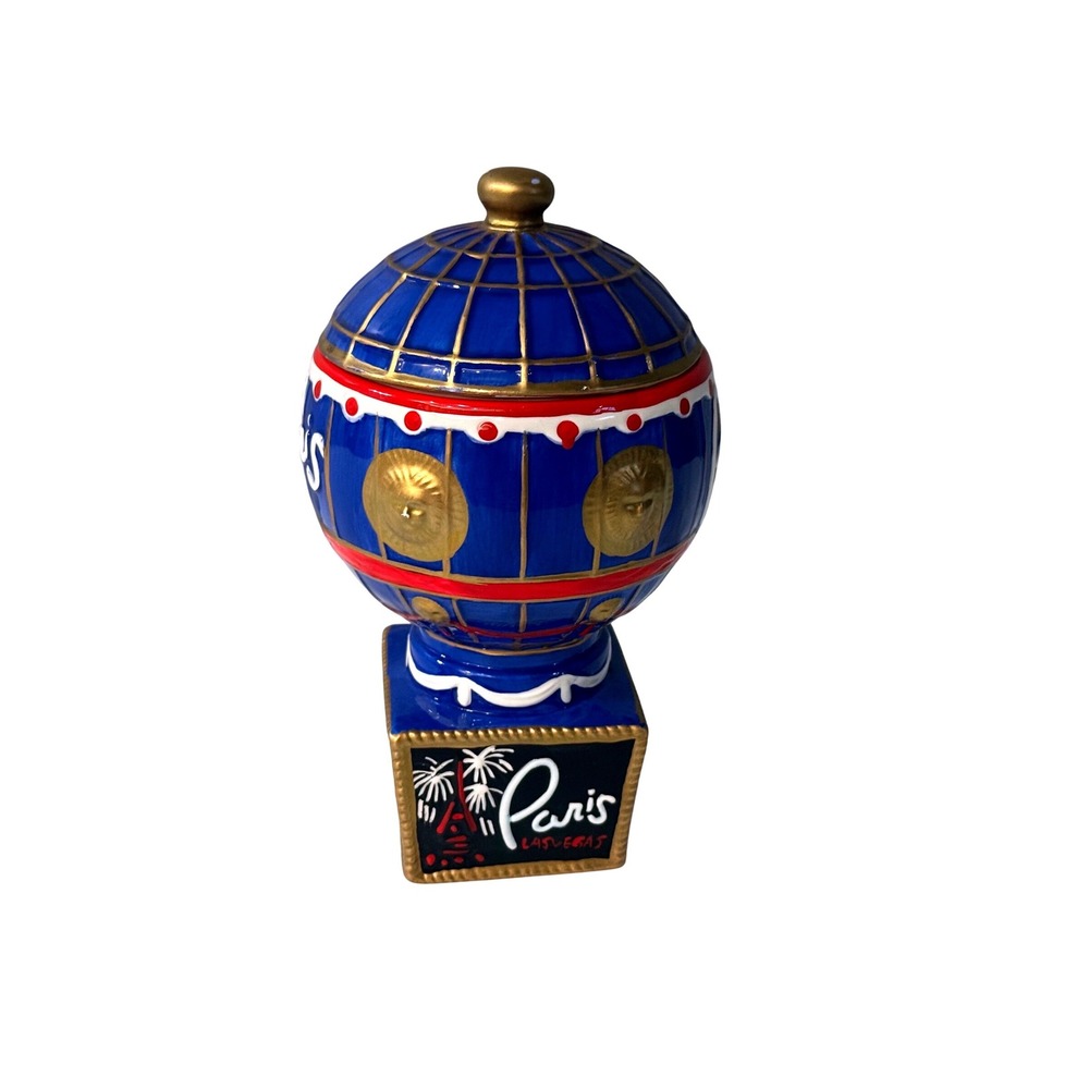 Paris Las Vegas Hotel Souvenir Hot Air Balloon Ceramic Jar with Lid Blue Gold